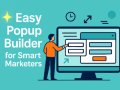 Illustration of a man using a computer to create a popup window with drag-and-drop elements, showcasing an easy popup builder interface for marketers on a teal background.