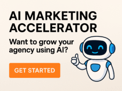A digital advertisement featuring the AI Marketing Accelerator with a friendly robot illustration, bold text, and a "Get Started" button.