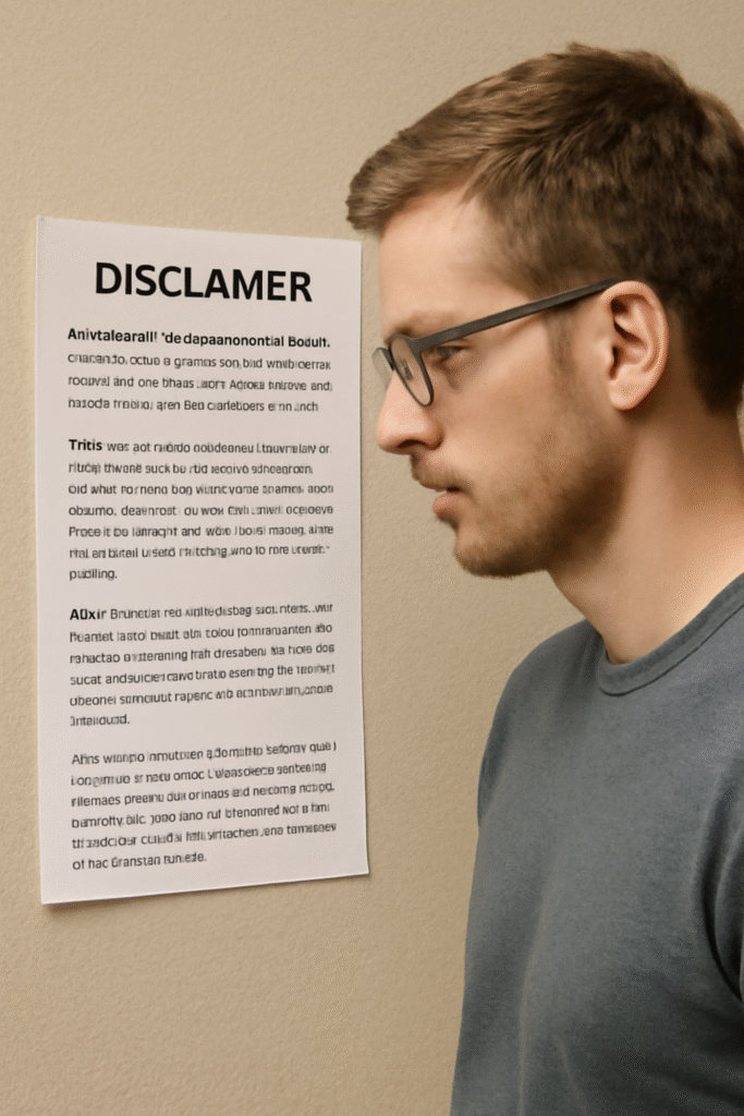 A young man attentively reading a disclaimer notice on a beige textured wall, reviewing key details about affiliate marketing and content accuracy.