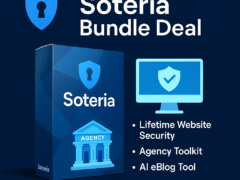 Promotional image of the Soteria Bundle Deal featuring icons of security, AI tools, and agency services for WordPress websites.