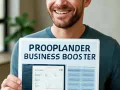 "Prooflander Business Booster software on a tablet held by a man in a modern office setting, showcasing its user-friendly dashboard, campaign stats, and customization options."