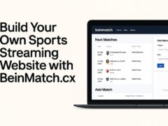 Laptop screen showing a sports streaming schedule dashboard with text "Build Your Own Sports Streaming Website with BeinMatch.cx".