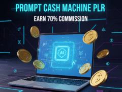 Prompt Cash Machine PLR digital product poster with AI prompts and 70% affiliate commission offer.